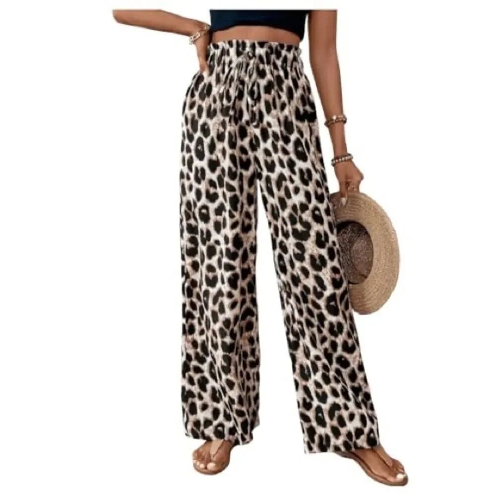SHEIN Beige and Black Leopard Print Wide-Leg Pants